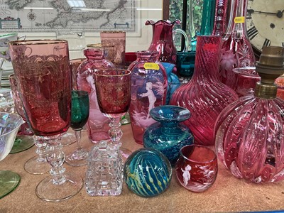 Lot 65 - Group of antque and later glassware, including Mary Gregory style enamelled cranberry glass, decanters, etc