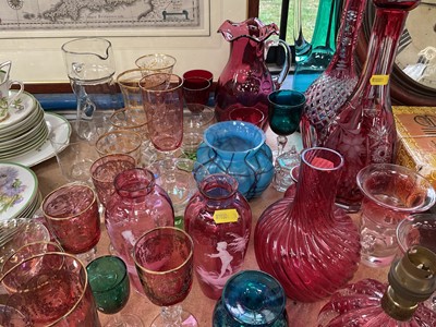 Lot 65 - Group of antque and later glassware, including Mary Gregory style enamelled cranberry glass, decanters, etc