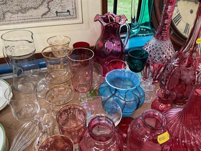 Lot 65 - Group of antque and later glassware, including Mary Gregory style enamelled cranberry glass, decanters, etc