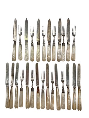 Lot 1168 - Silver fruit/cake knives and forks with mother of pearl handles (27)