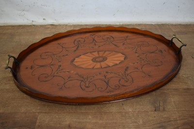 Lot 1301 - Adams style satinwood and marquetry inlaid oval tray with flanking brass handles, 69cm wide