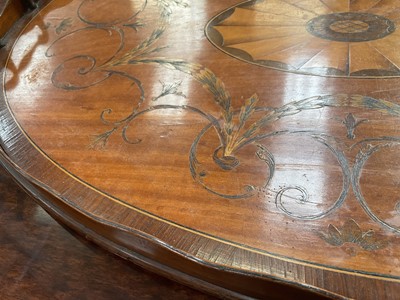Lot 1301 - Adams style satinwood and marquetry inlaid oval tray with flanking brass handles, 69cm wide