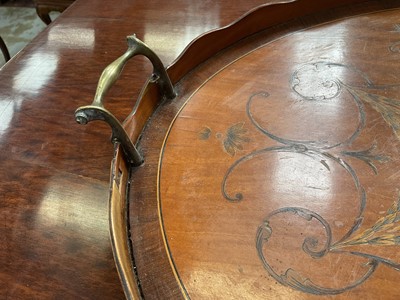 Lot 1301 - Adams style satinwood and marquetry inlaid oval tray with flanking brass handles, 69cm wide