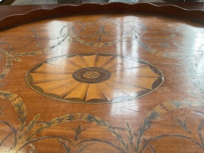 Lot 1301 - Adams style satinwood and marquetry inlaid oval tray with flanking brass handles, 69cm wide