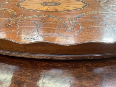 Lot 1301 - Adams style satinwood and marquetry inlaid oval tray with flanking brass handles, 69cm wide