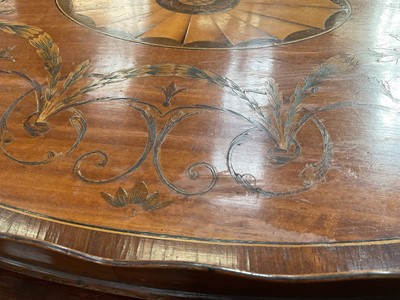 Lot 1301 - Adams style satinwood and marquetry inlaid oval tray with flanking brass handles, 69cm wide