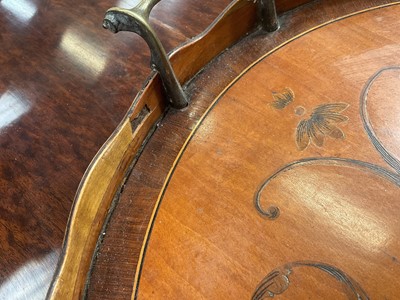 Lot 1301 - Adams style satinwood and marquetry inlaid oval tray with flanking brass handles, 69cm wide