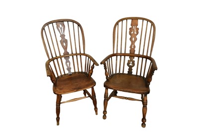 Lot 1329 - Two similar 19th century ash and elm stick back Windsor chairs, each with saddle seat on splayed supports and H-stretcher