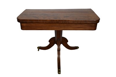 Lot 5300 - Regency mahogany card table, with rounded rectangular hinged top on tapered faceted column and reeded hipped cabriole legs and castors, 104cm wide x 51cm deep x 76cm...