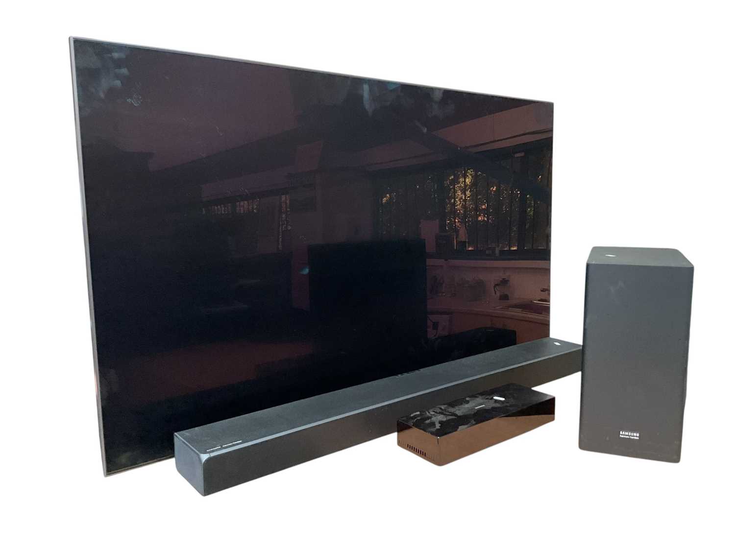 Lot 3 - 65" wall mounted Qled Samsung TV (model number QE6585RAT) with Samsung one connect together with Samsung harman/kardon Soundbar and subwoofer