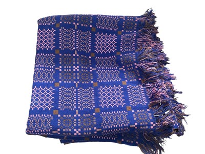 Lot 2113 - Welsh blanket woven wool in pink, blue and brown, label for Tregwynt