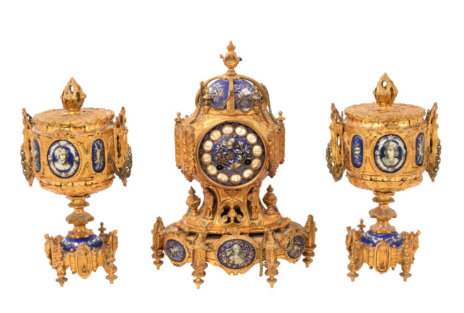 Lot 808 - 19th century French ormolu three piece clock set with inset enamelled panels depicting military figures