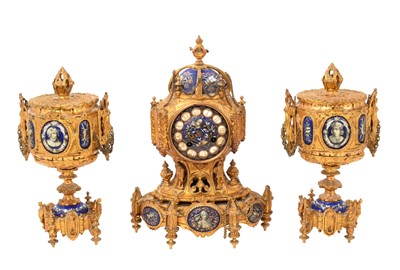 Lot 808 - 19th century French ormolu three piece clock set with inset enamelled panels depicting military figures