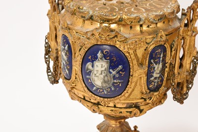 Lot 808 - 19th century French ormolu three piece clock set with inset enamelled panels depicting military figures