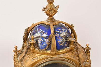 Lot 808 - 19th century French ormolu three piece clock set with inset enamelled panels depicting military figures