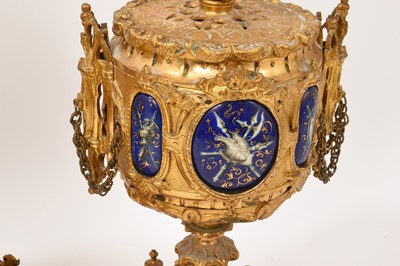 Lot 808 - 19th century French ormolu three piece clock set with inset enamelled panels depicting military figures