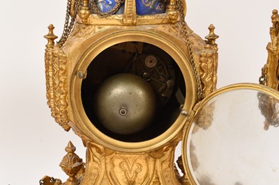 Lot 808 - 19th century French ormolu three piece clock set with inset enamelled panels depicting military figures