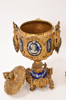 Lot 808 - 19th century French ormolu three piece clock set with inset enamelled panels depicting military figures