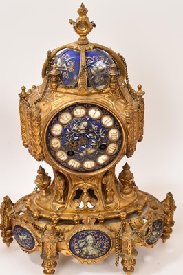 Lot 808 - 19th century French ormolu three piece clock set with inset enamelled panels depicting military figures