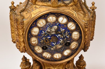 Lot 808 - 19th century French ormolu three piece clock set with inset enamelled panels depicting military figures