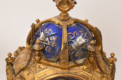 Lot 808 - 19th century French ormolu three piece clock set with inset enamelled panels depicting military figures
