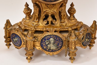 Lot 808 - 19th century French ormolu three piece clock set with inset enamelled panels depicting military figures