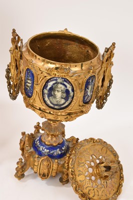 Lot 808 - 19th century French ormolu three piece clock set with inset enamelled panels depicting military figures
