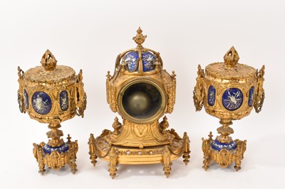 Lot 808 - 19th century French ormolu three piece clock set with inset enamelled panels depicting military figures