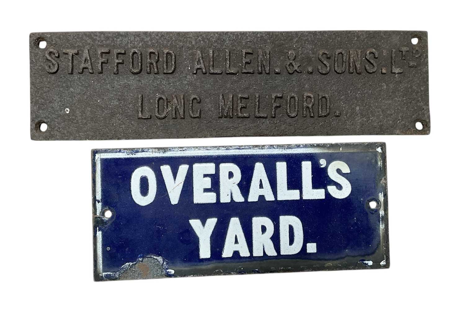 Lot 72 - Vintage enamel sign- overalls' yard and a cast iron plaque, the enamel sign 31.5 x 14cm, (2)