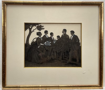 Lot 360 - 19th century Continental conversation piece, a family in profile, silhouette, 18cm x 23cm, in glazed gilt frame