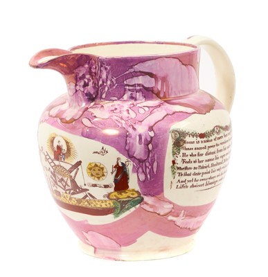 Lot 15 - Large early Victorian Sunderland lustre jug with Masonic decoration, 23.25cm in height.