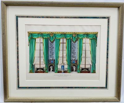 Lot 361 - Richard Bridgens (1785-1846) coloured etching, 'Drawing Room Drapery', c. 1838, 17cm x 28cm, glazed frame