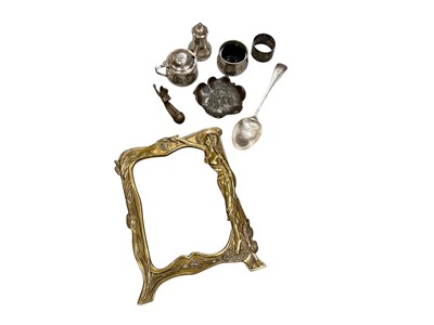 Lot 624 - Small group of silver plate with engraved crown and armorials, brass Art Nouevau style photograph frame and other metalwares.