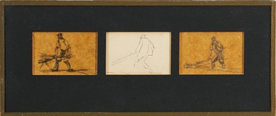 Lot 952 - Harry Becker (1865-1928) three pencil studies of men ploughing, framed as one, each 5cm x 8cm, overall size 14cm x 33.5cm