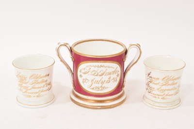 Lot 5158 - 19th century two handed loving cup, and two inscribed mugs