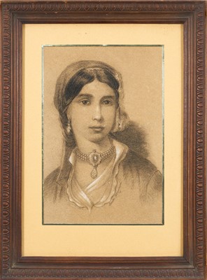Lot 1217 - Continental School, 19th century, charcoal drawing, portrait of a young lady, inscribed, indistinctly signed and dated 1880, 29cm x 19cm, in glazed frame
