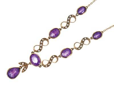 Lot 355 - Edwardian style gold amethyst and seed pearl necklace