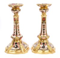 Lot 2035 - Pair of Royal Crown Derby Imari candlesticks,...