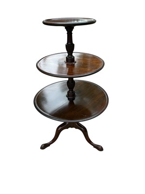 Lot 1245 - George III mahogany three tier dumb waiter, with three graduated dished tiers, on tripod cabriole legs and pointed pad feet, 112cm high