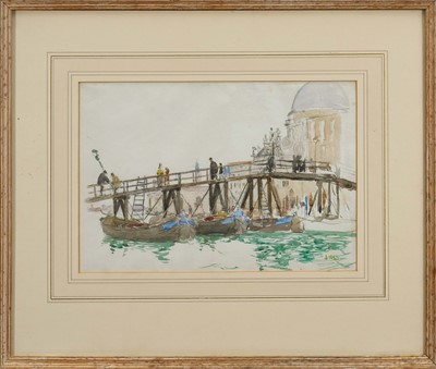 Lot 1065 - James Kerr-Lawson (1864-1939) watercolour - A Venetian Bridge, initialled, indistinctly inscribed verso, 20cm x 29cm, in glazed frame
