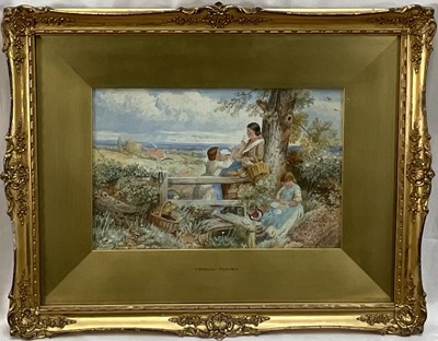 Lot 344 - Vernon Foster (act.1880-1920) watercolour, A Picnic in the countryside, signed, 19cm x 29cm, behind glass in gilt frame