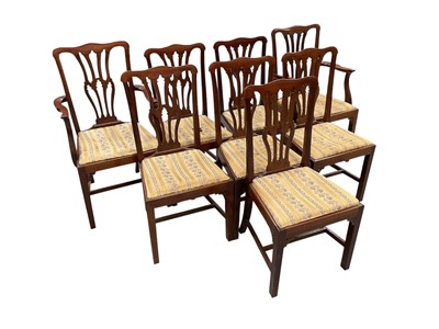 Lot 1263 - Set of eight George III style mahogany dining chairs, each with pierced vase splat and slip in seat on square supports