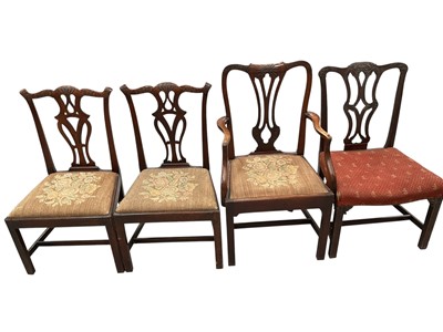 Lot 1331 - George III carved mahogany side chair in the manner of Chippendale, with pierced splat and serpentine seat on square channel carved legs, together with a set of three similar carved Georgian din...