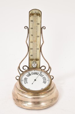 Lot 5147 - Edwardian silver and ivory desk combination stick thermometer and barometer, enamel dial, Birmingham 1908, 13.5cm high