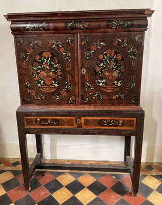 Lot 1432 - Good William & Mary walnut oyster veneered, specimen wood and green stained ivory marquetry inlaid cabinet on later stand, with cushion frieze drawer and fitted interior of drawers about centr...
