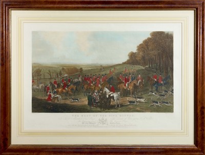 Lot 999 - Henry Calvert (1798-1869) hand coloured etching and aquatint - The Meet of the Vine Hounds, published 1844, 52cm x 78cm, in glazed frame