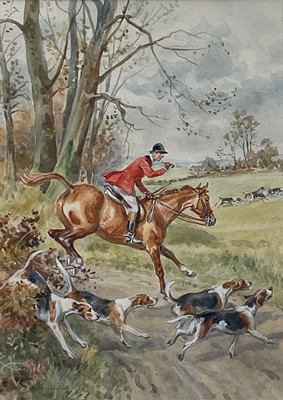 Lot 964 - Eugene Leliepvre (1908-2013) trio of watercolours - Hunting Scenes, signed, 34.5cm x 24.5xm, in glazed gilt frame