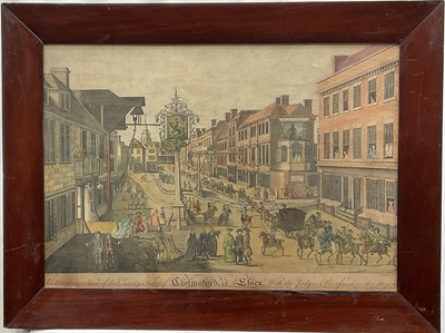 Lot 1154 - 18th century hand-coloured engraving after J. Ryland - A Perspective View of the County Town of Chelmsford..., 37cm x 53cm, in glazed mahogany frame