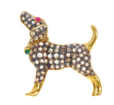 Lot 468 - Diamond and gem-set dog brooch, pavé set throughout with rose cut diamonds, with ruby set eye and...