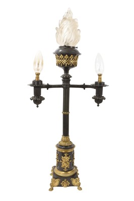 Lot 656 - Fine quality 19th century bronze and ormolu three branch table lamp, converted for electricity, with central reservoir surmounted by frosted glass flaming torch and twin arms, raised on cluster...